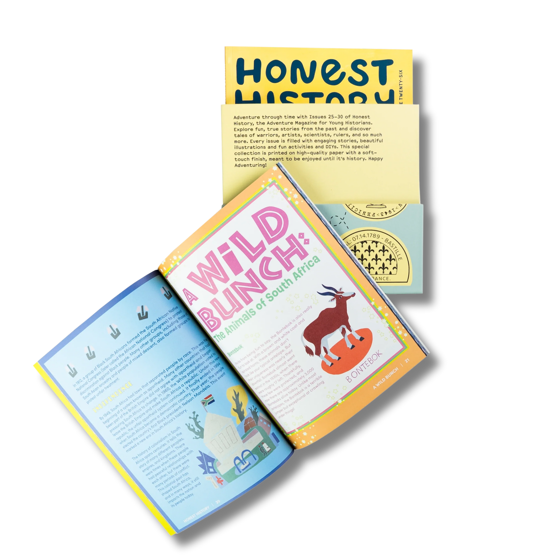 Open children’s history magazine showing illustrated interior pages and educational content