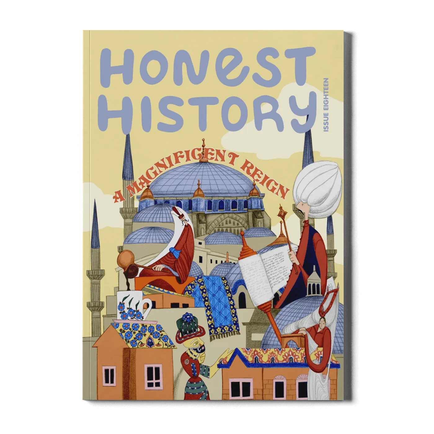 Children’s history magazine cover showing Ottoman culture with Hagia Sophia, textiles, pottery, and figures in traditional clothing