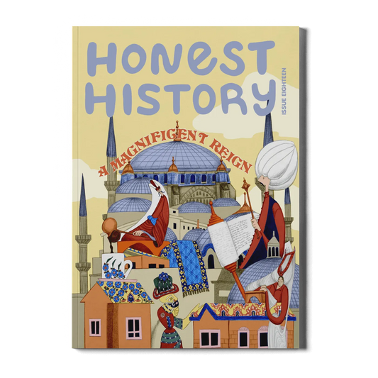 Children’s history magazine cover showing Ottoman culture with Hagia Sophia, textiles, pottery, and figures in traditional clothing