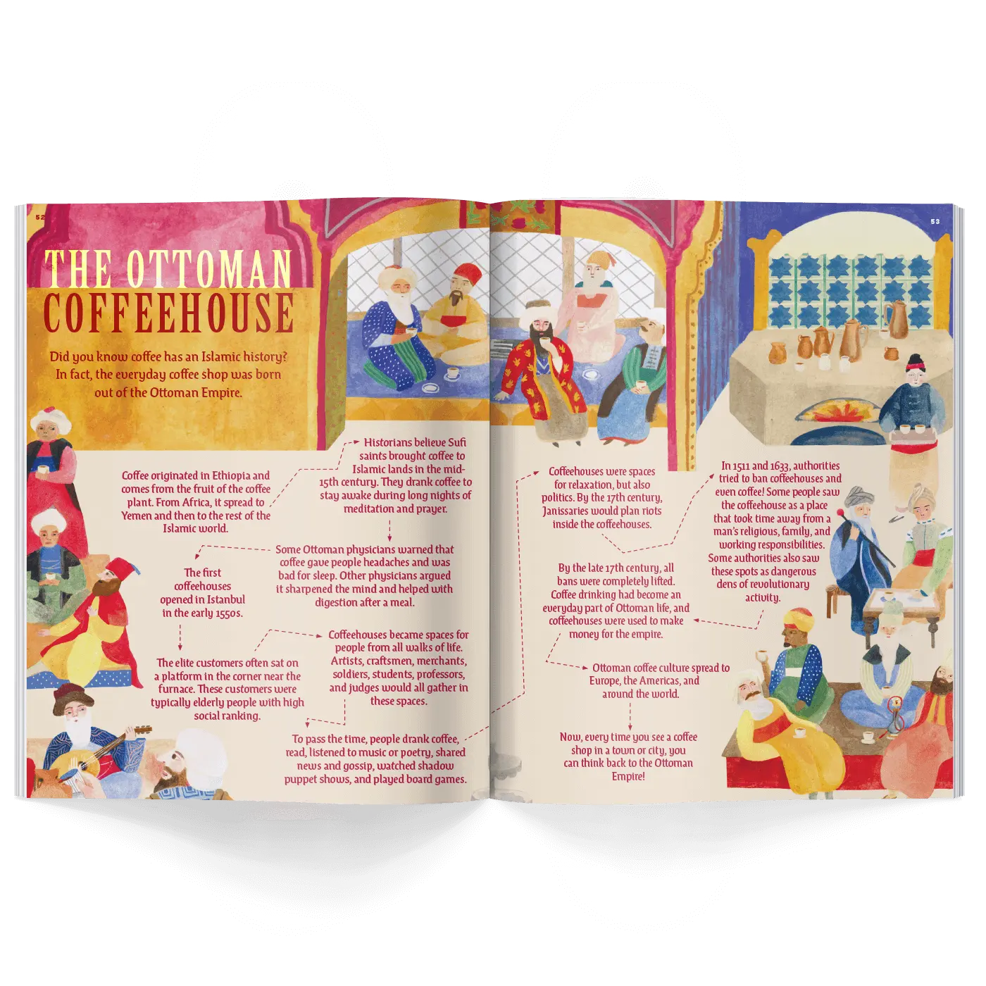 Interior pages of children’s history magazine showing Ottoman coffeehouse with people, long pipe, and coffee preparation in a social setting