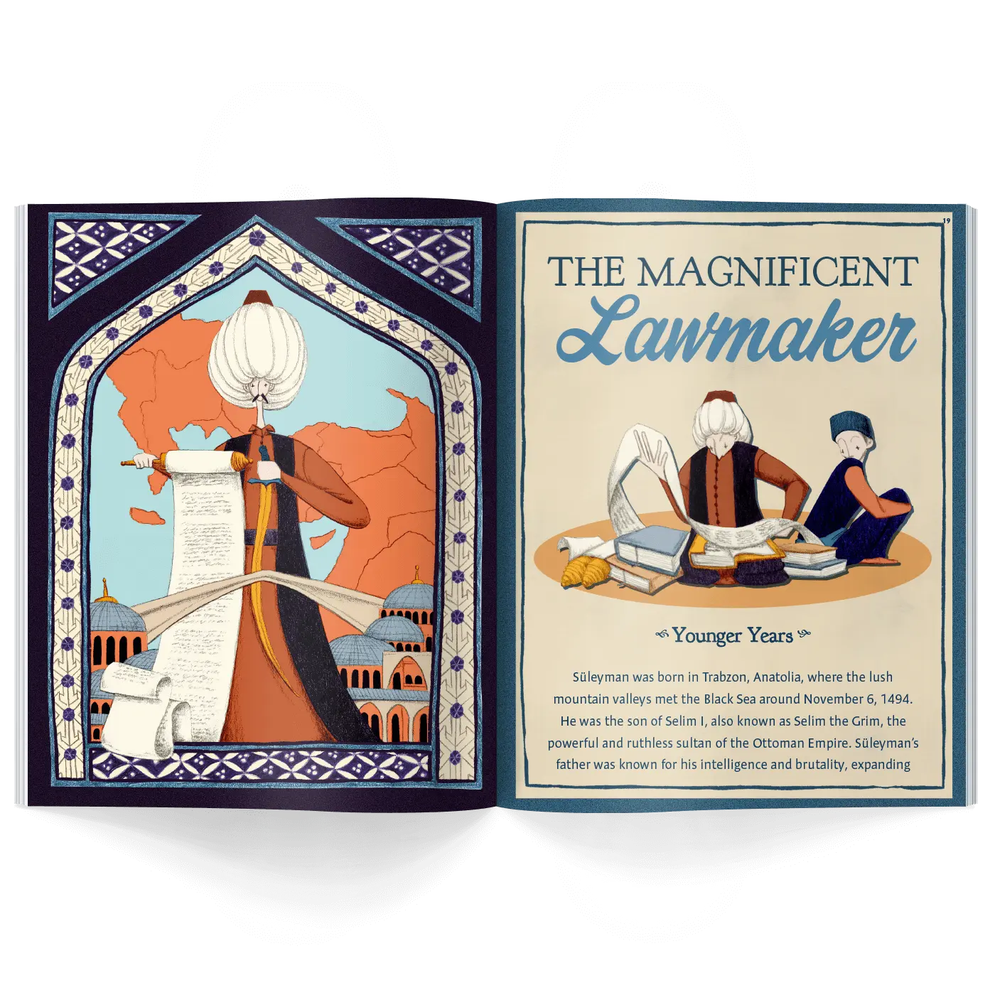 Children’s history magazine pages showing Suleyman the Lawgiver with scrolls, books, and architecture from the Ottoman Empire