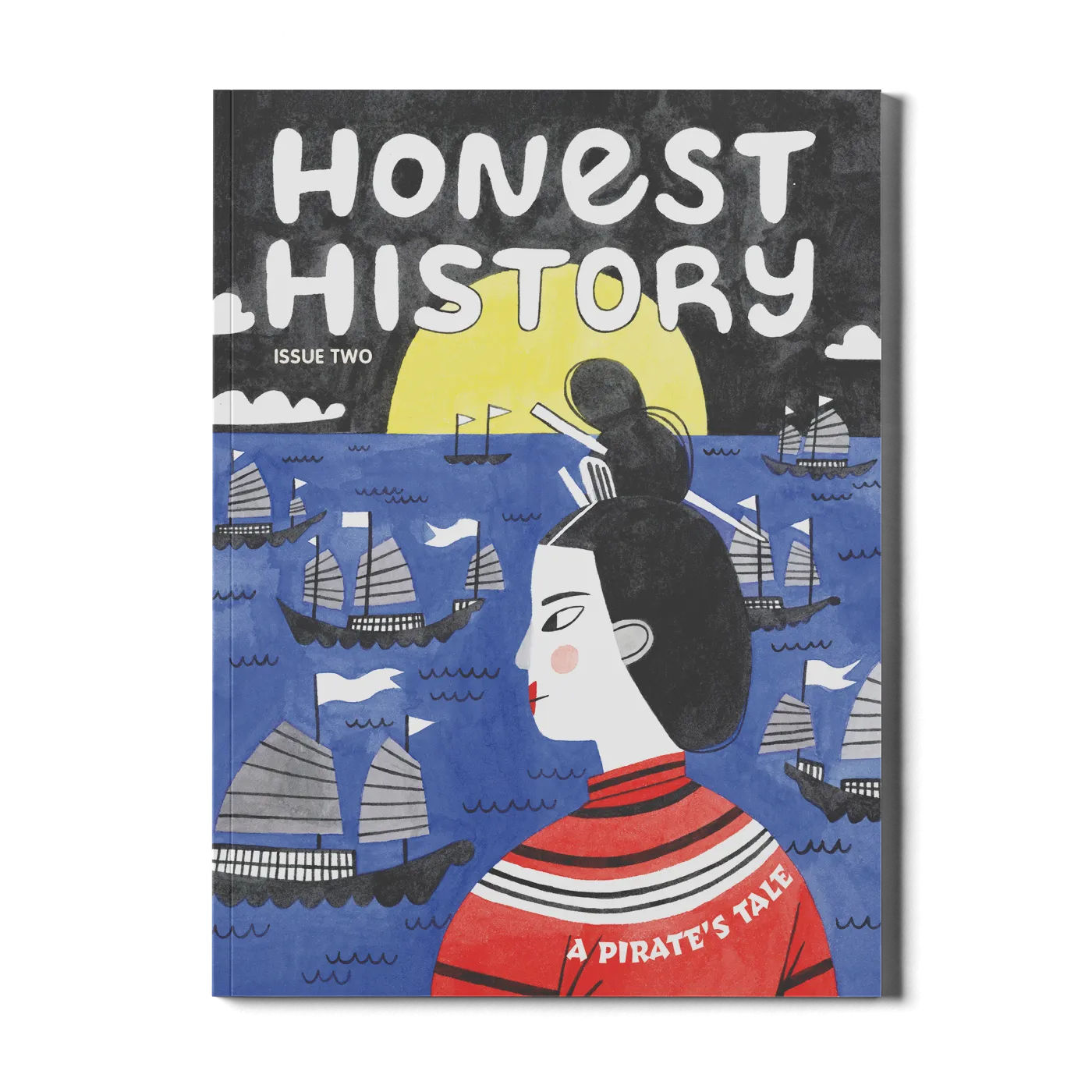 Children’s history magazine cover showing pirate figure with traditional clothing and ships on the ocean horizon for maritime history learning