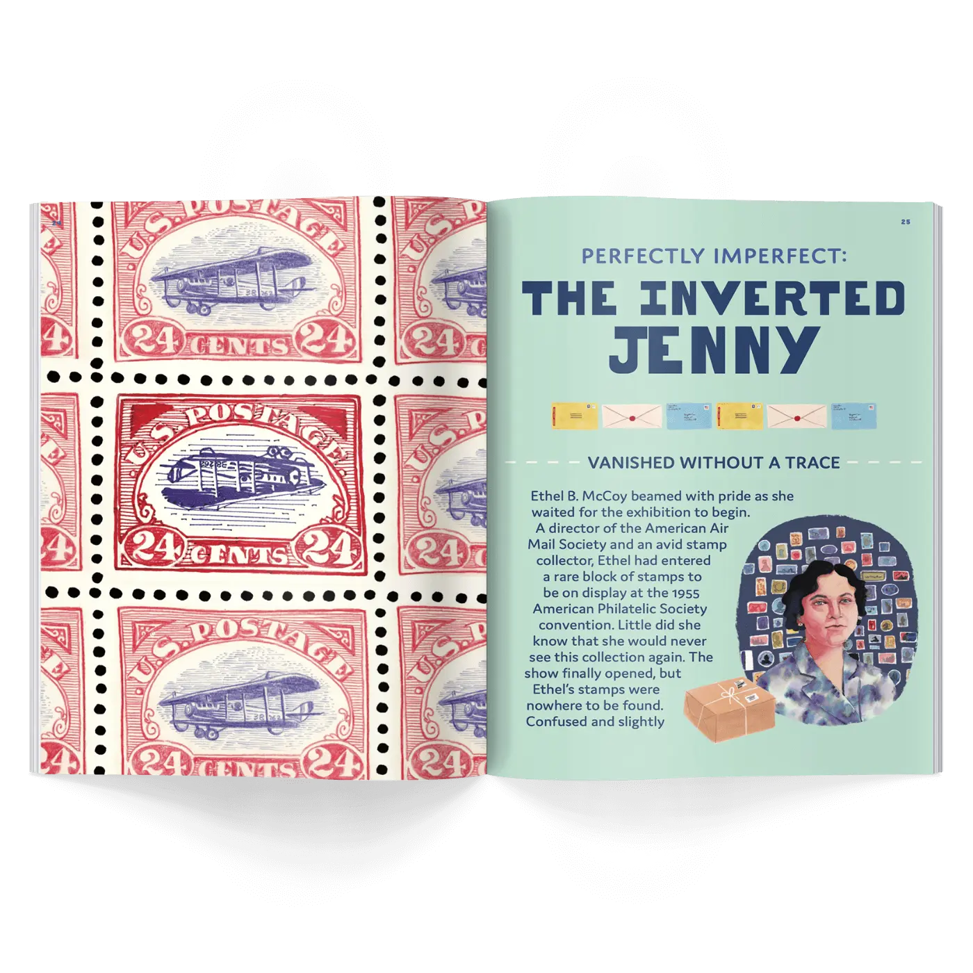 Interior pages of children’s history magazine showing Inverted Jenny stamp sheet with upside down airplane and story about rare postage stamps