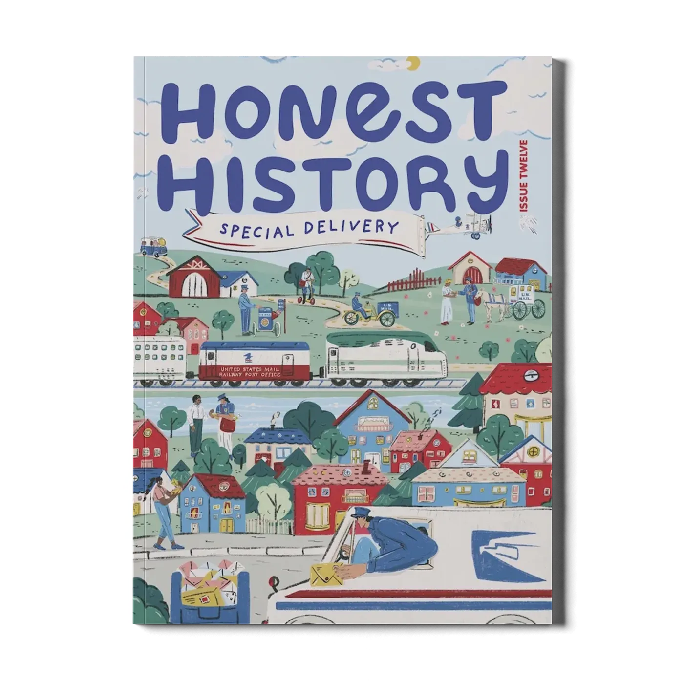 Children’s history magazine cover showing mail delivery with postal truck, mailbox, and workers delivering letters in a neighborhood setting
