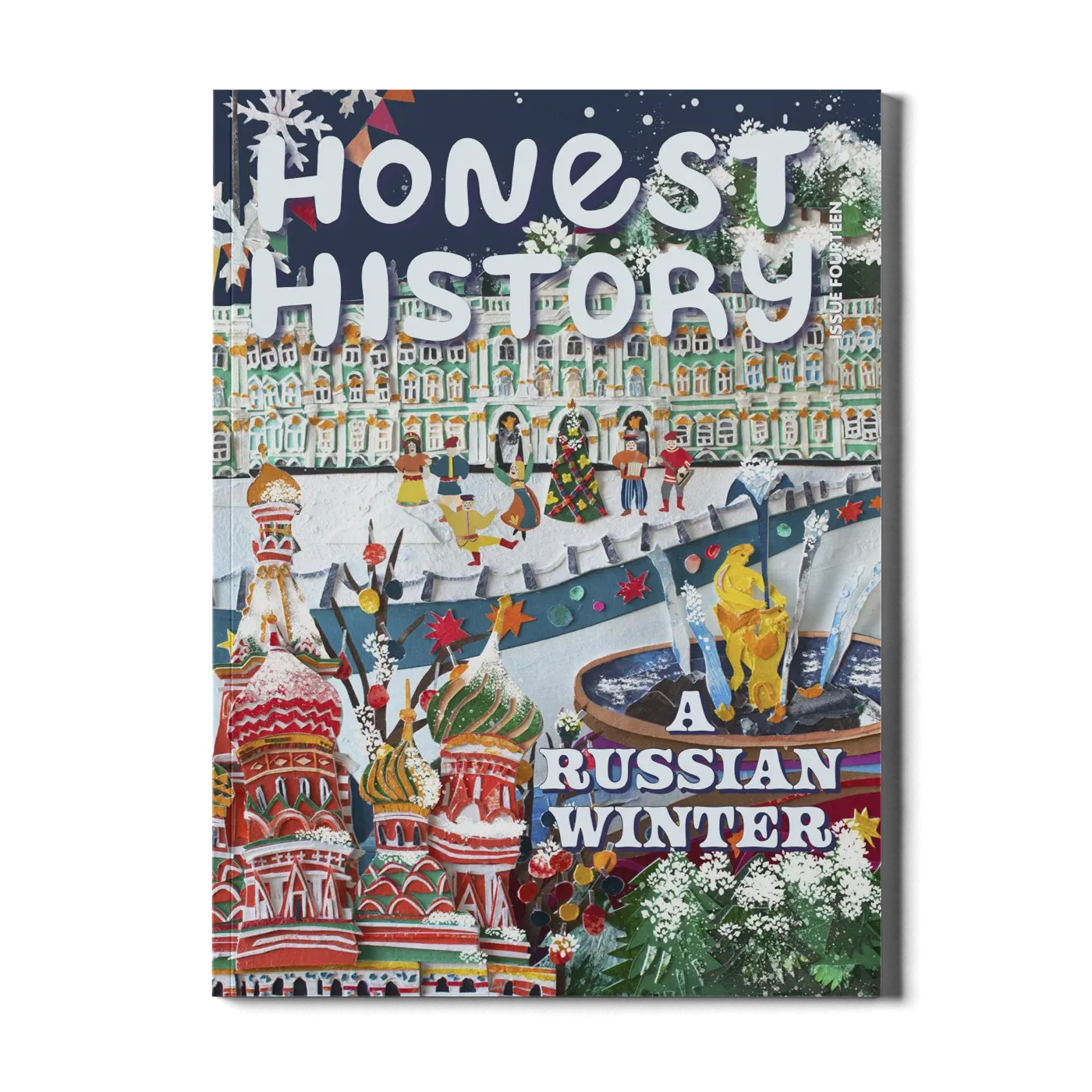 Children’s history magazine cover showing Russian architecture, winter trees, and cultural scenes with music and dancing