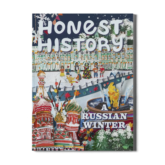 Children’s history magazine cover showing Russian architecture, winter trees, and cultural scenes with music and dancing