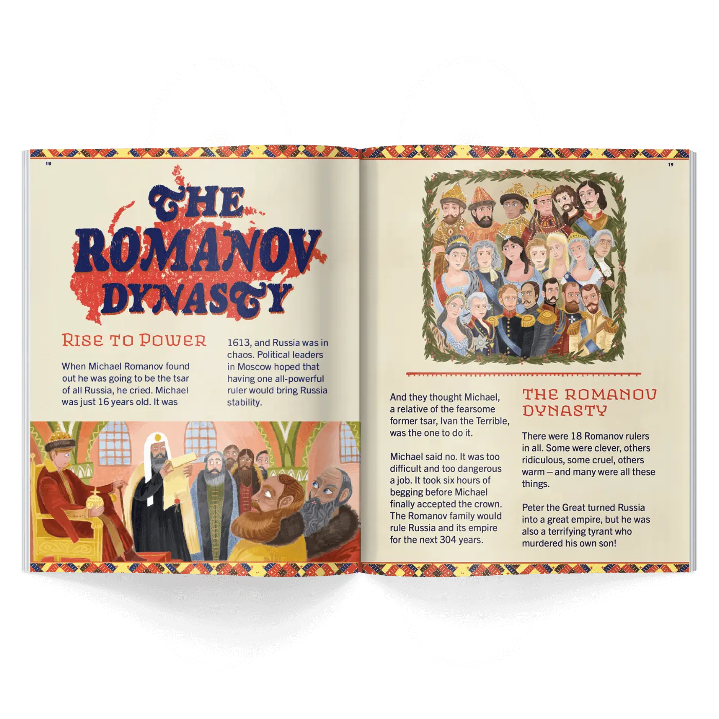Interior pages of children’s history magazine showing Romanov dynasty with young ruler and historical figures in royal dress