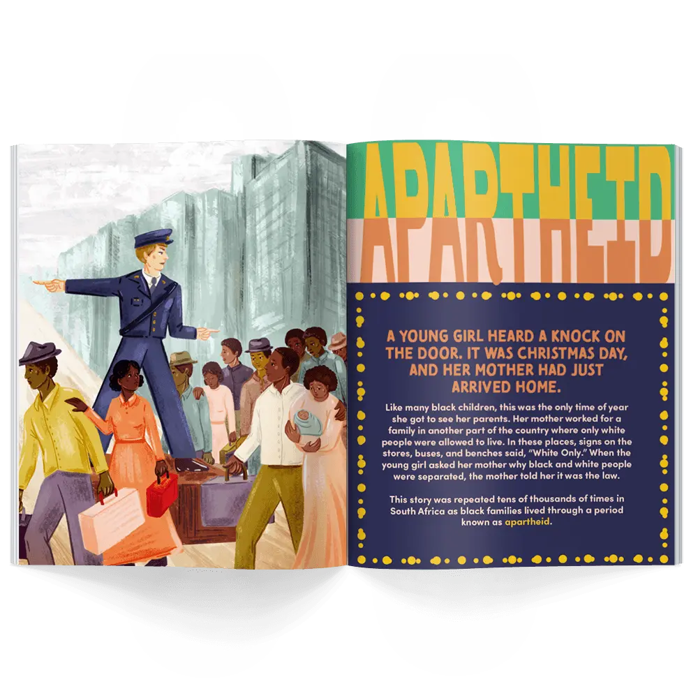Interior pages of children’s history magazine explaining apartheid in South Africa with illustrated figures and historical context