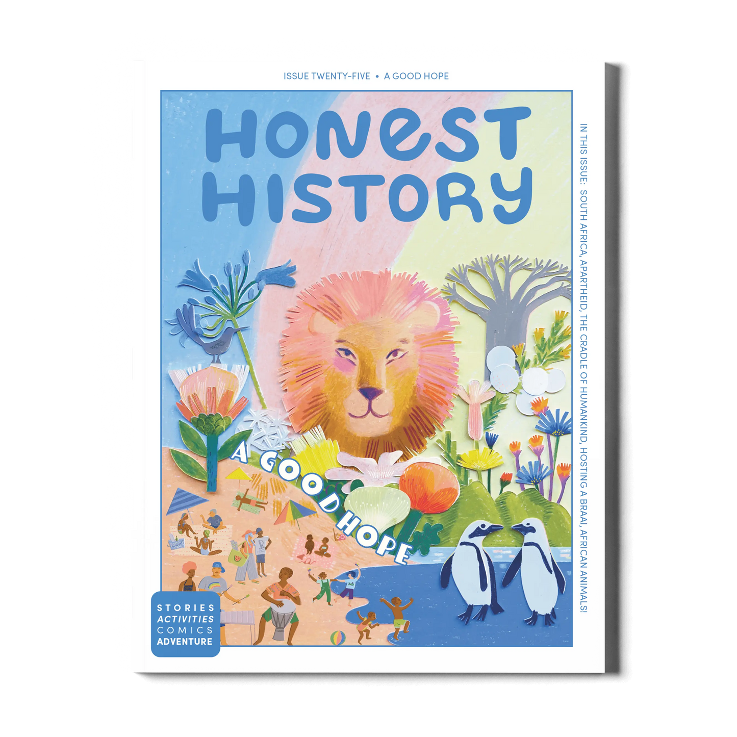 Children’s history magazine cover showing South Africa with wildlife, coastal scenes, and cultural elements for learning about South African history and geography