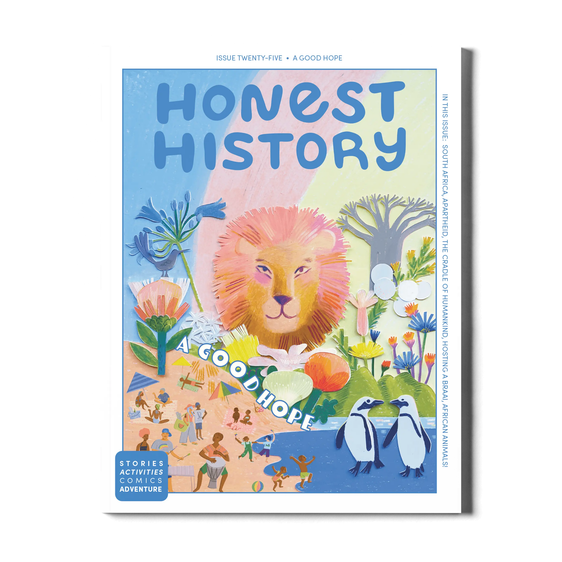 Children’s history magazine cover showing South Africa with wildlife, coastal scenes, and cultural elements for learning about South African history and geography