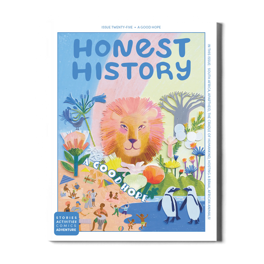 Children’s history magazine cover showing South Africa with wildlife, coastal scenes, and cultural elements for learning about South African history and geography