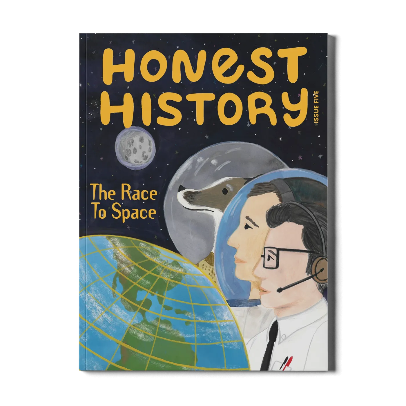 Children’s history magazine cover showing astronaut, space scene, Earth, and figures representing the Space Race and exploration
