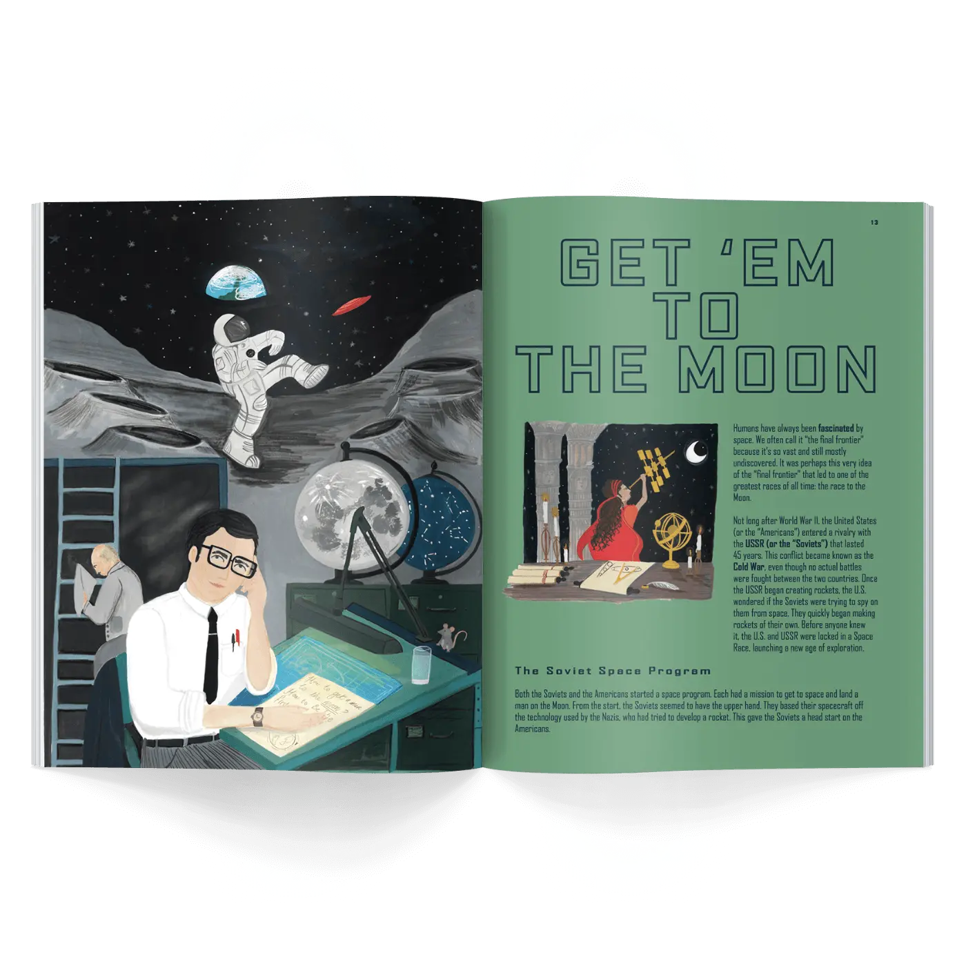 Interior pages of children’s history magazine showing space mission planning with diagrams, scientists, and astronaut on the moon