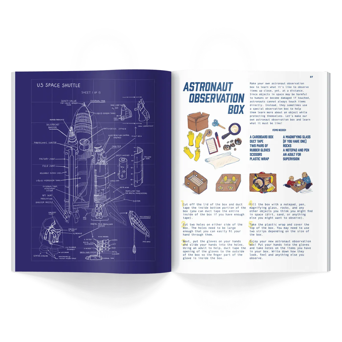 Children’s history magazine pages showing space shuttle diagram with labeled parts and hands-on astronaut observation activity
