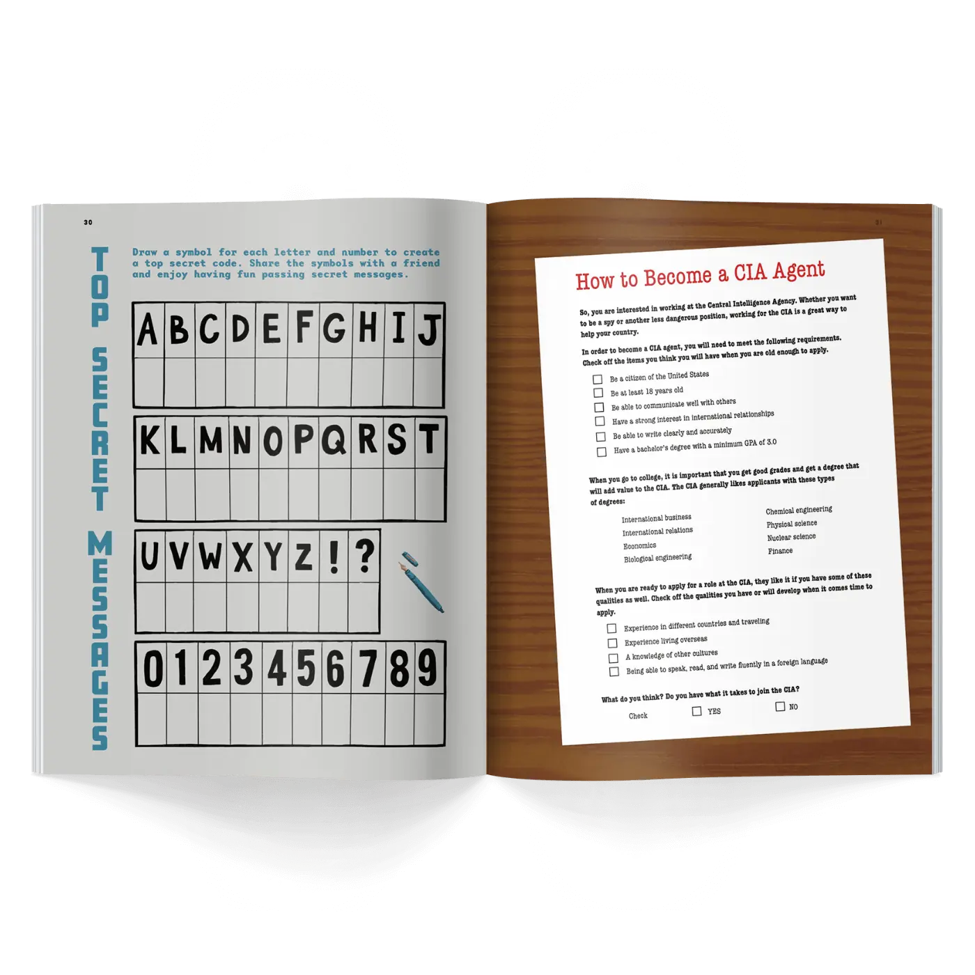 Children’s history magazine pages showing cipher puzzle and information about intelligence work and modern spy roles