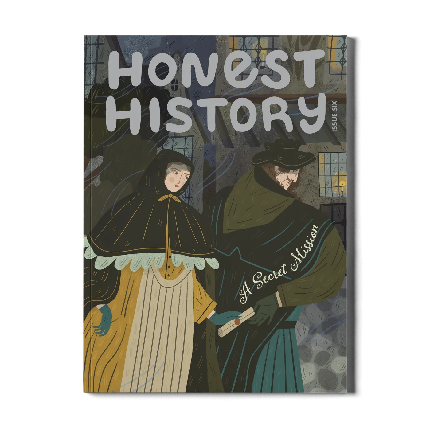 Children’s history magazine cover showing historical espionage scene with figures exchanging a sealed letter in a town setting