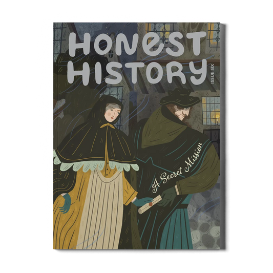 Children’s history magazine cover showing historical espionage scene with figures exchanging a sealed letter in a town setting