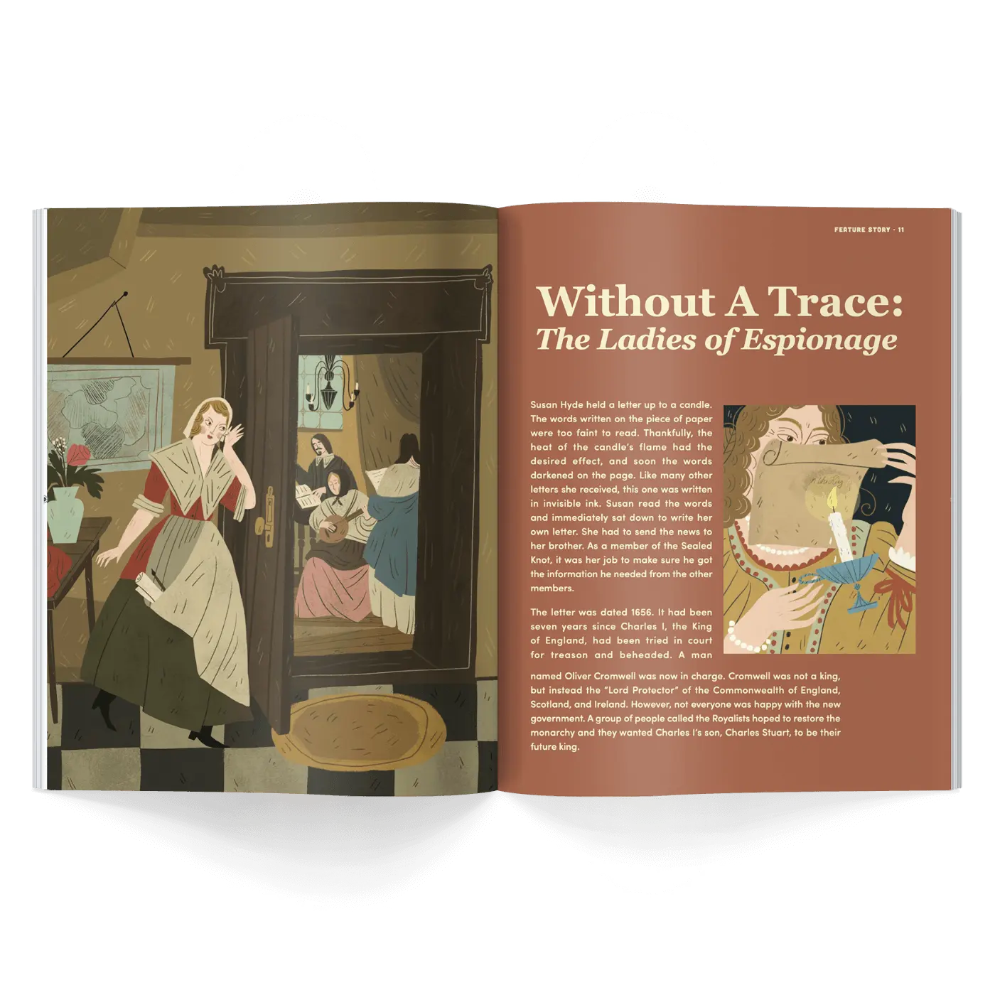 Interior pages of children’s history magazine showing woman gathering information and story about early female spies in history