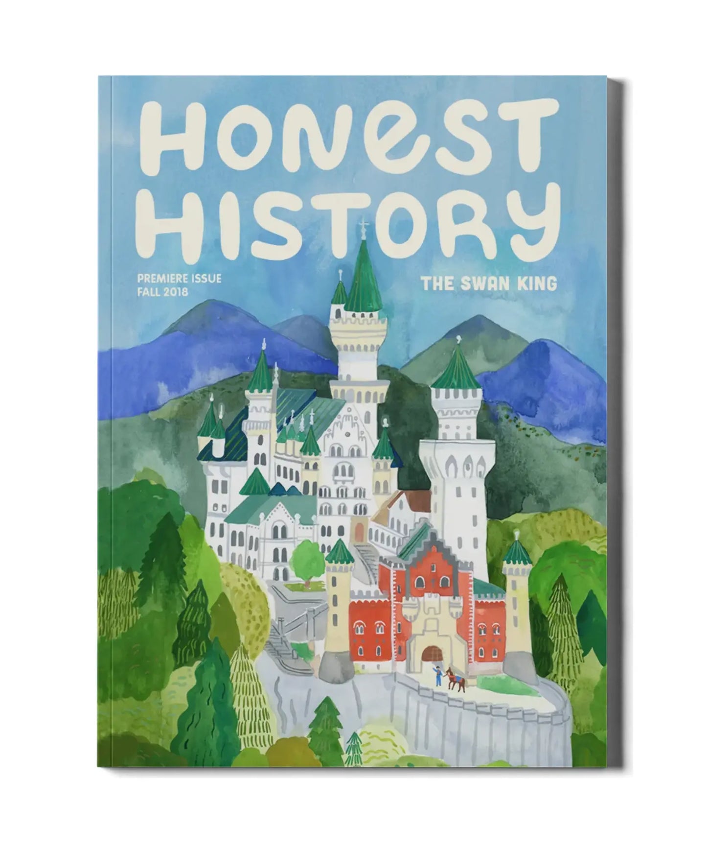 Swan King history magazine cover featuring Neuschwanstein Castle in the Bavarian mountains for children’s history learning