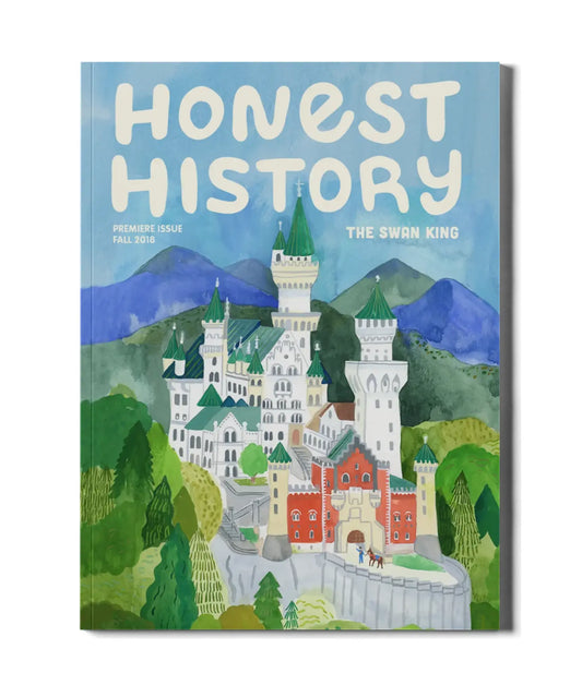 Swan King history magazine cover featuring Neuschwanstein Castle in the Bavarian mountains for children’s history learning
