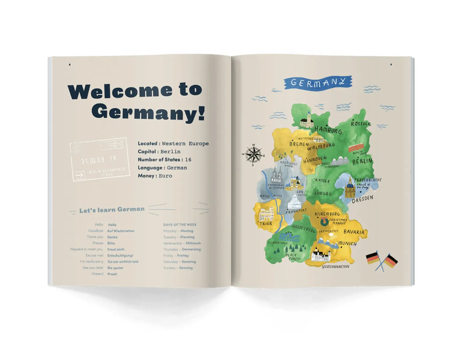 Children’s history magazine spread with illustrated map of Germany and beginner German words for geography and cultural learning