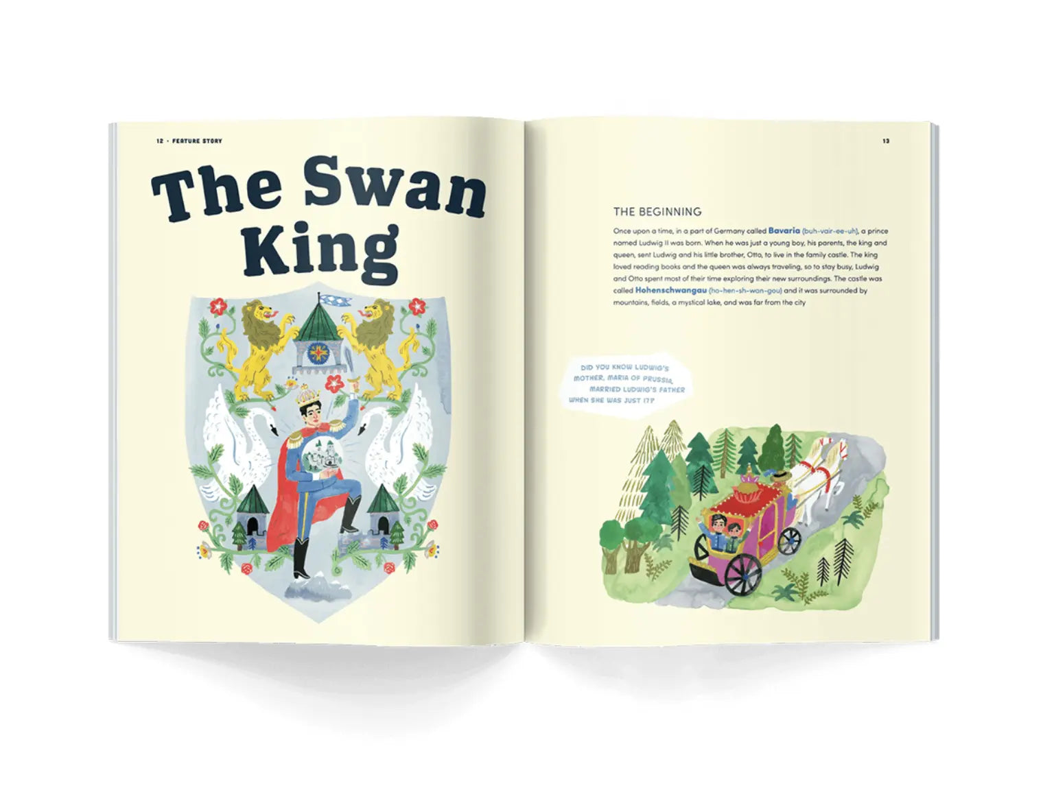 Interior pages of Swan King children’s history magazine showing shield illustration with prince and swans and royal carriage story scene