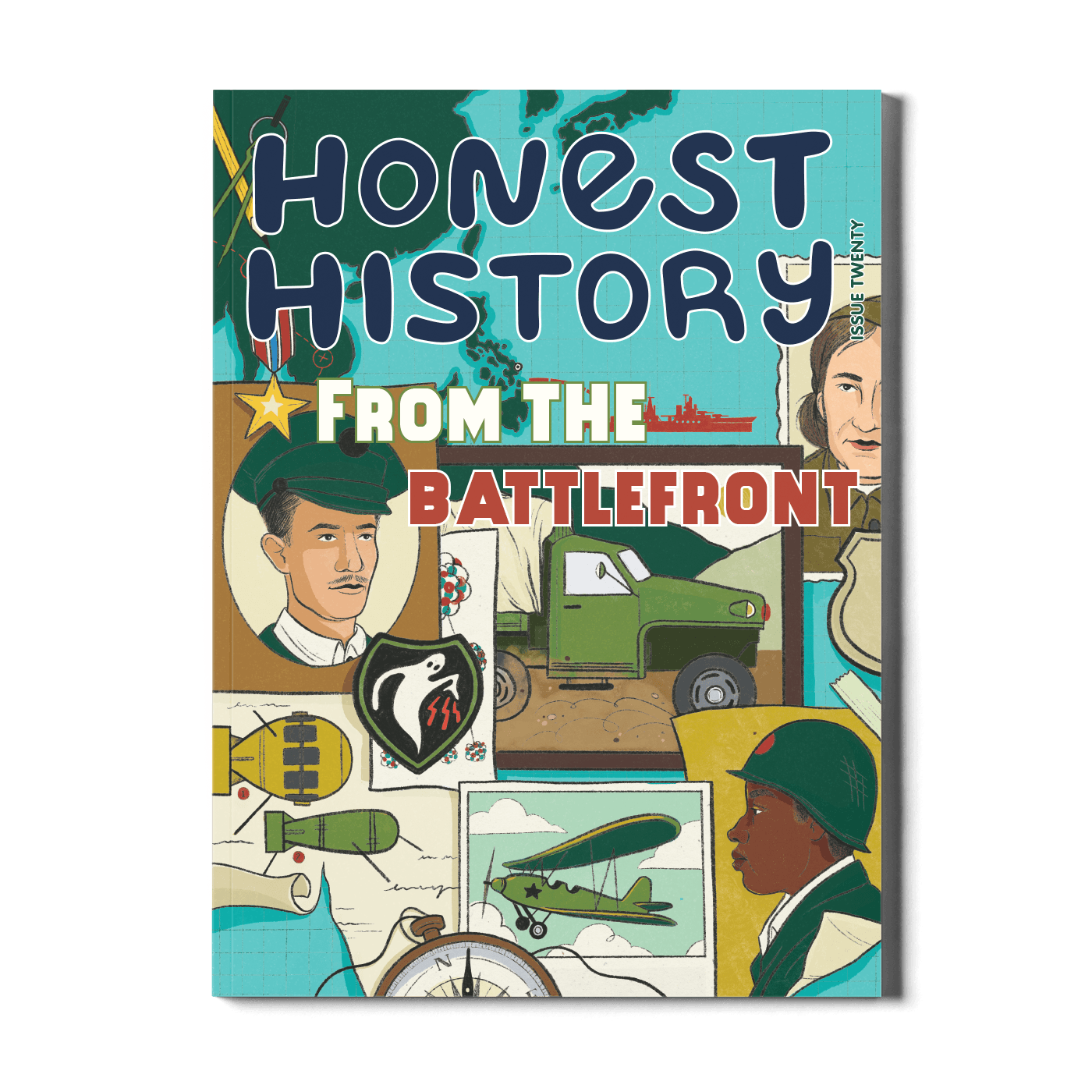 World War II history magazine cover featuring soldiers, fighter planes, warships, and maps for children’s history learning