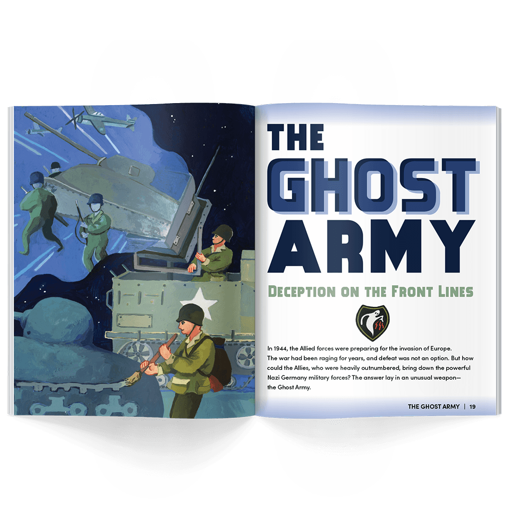 Interior pages of children’s history magazine showing World War II Ghost Army deception tactics with tanks, planes, and soldiers