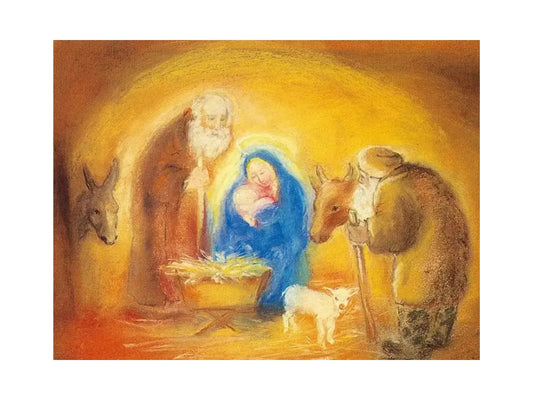 Nativity scene with Mary, Joseph, baby Jesus, donkey, and sheep.