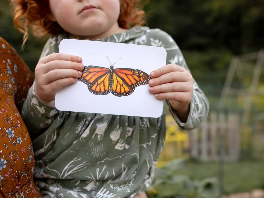 A toddler holding a nature card of a monarch butterfly