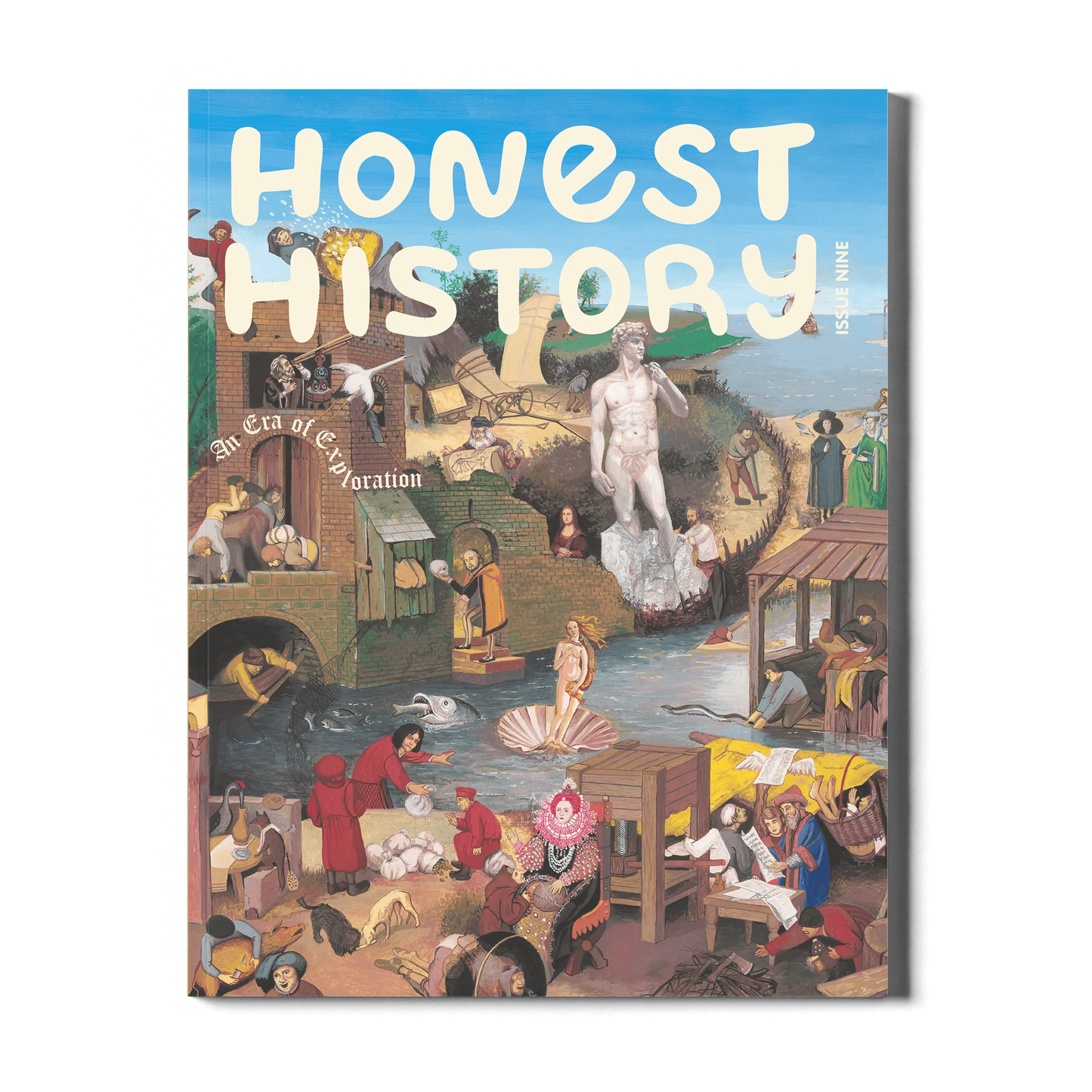 Kids history magazine cover of 'Honest History' with historical illustrations on a white background