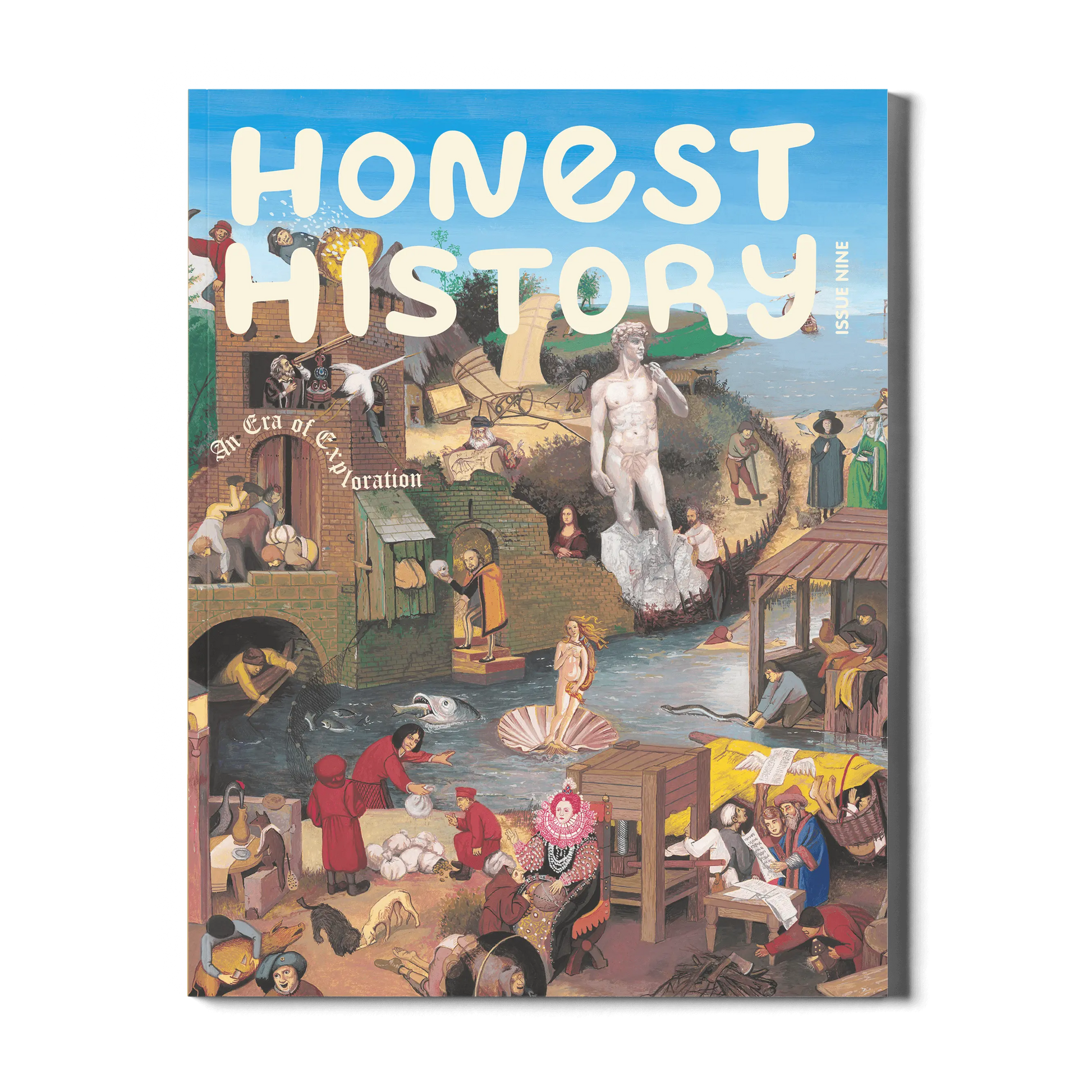 Kids history magazine cover of 'Honest History' with historical illustrations on a white background