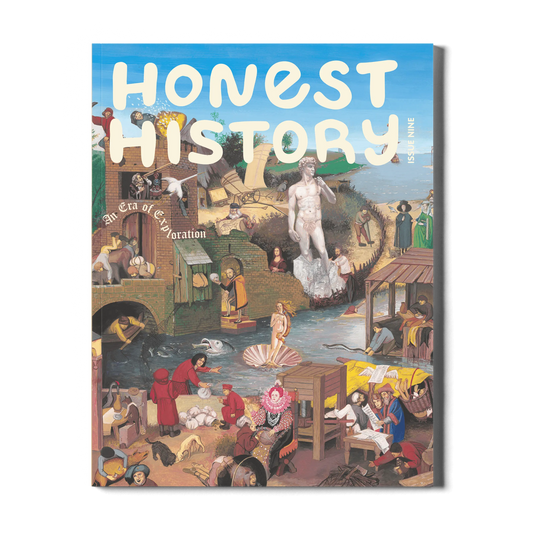 Kids history magazine cover of 'Honest History' with historical illustrations on a white background