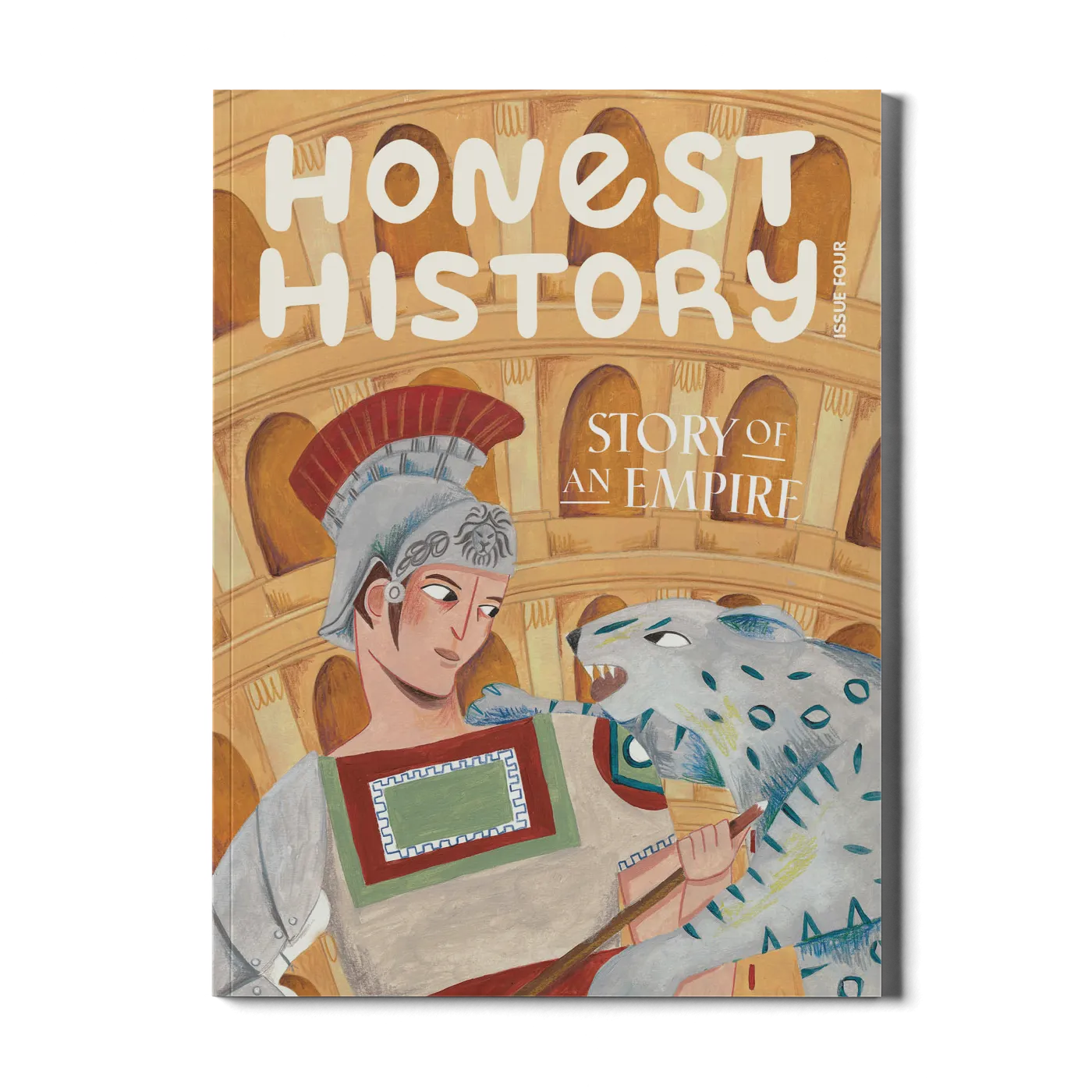 Magazine cover of 'Honest History: Story of an Empire' with classical illustration of a Roman soldier and leopard