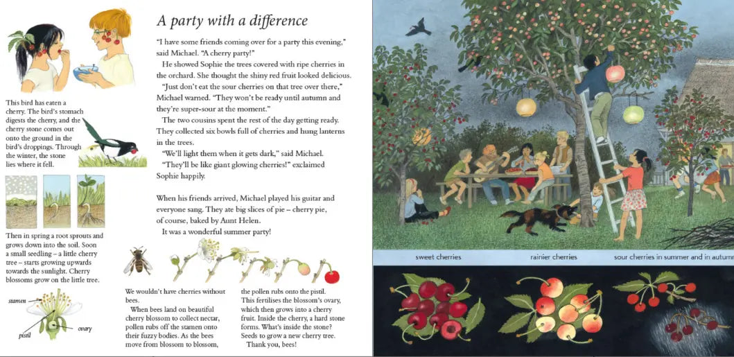 Illustrated book page with a garden party scene and text.