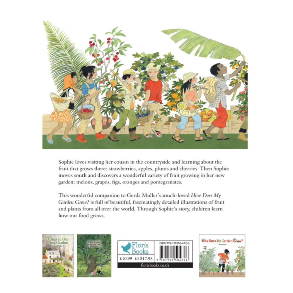 Illustrated book back cover with characters in a garden and text about a garden tour.