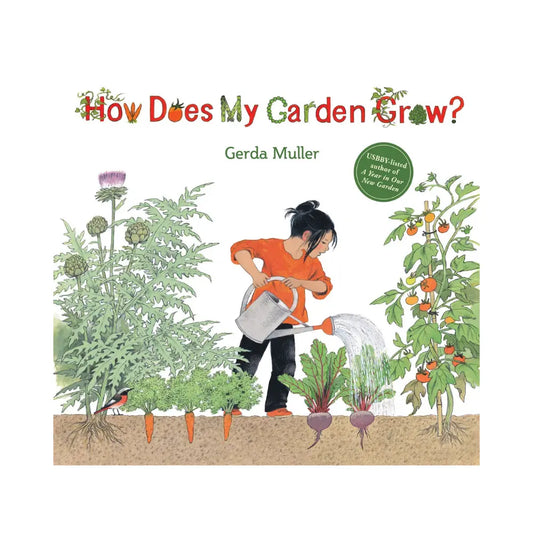 Book cover of 'How Does My Garden Grow?' with a person watering plants and various plants illustrated.