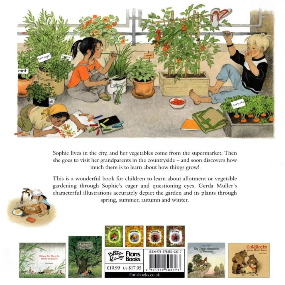 Illustrated book back cover showing a family gardening with text about the book's content.