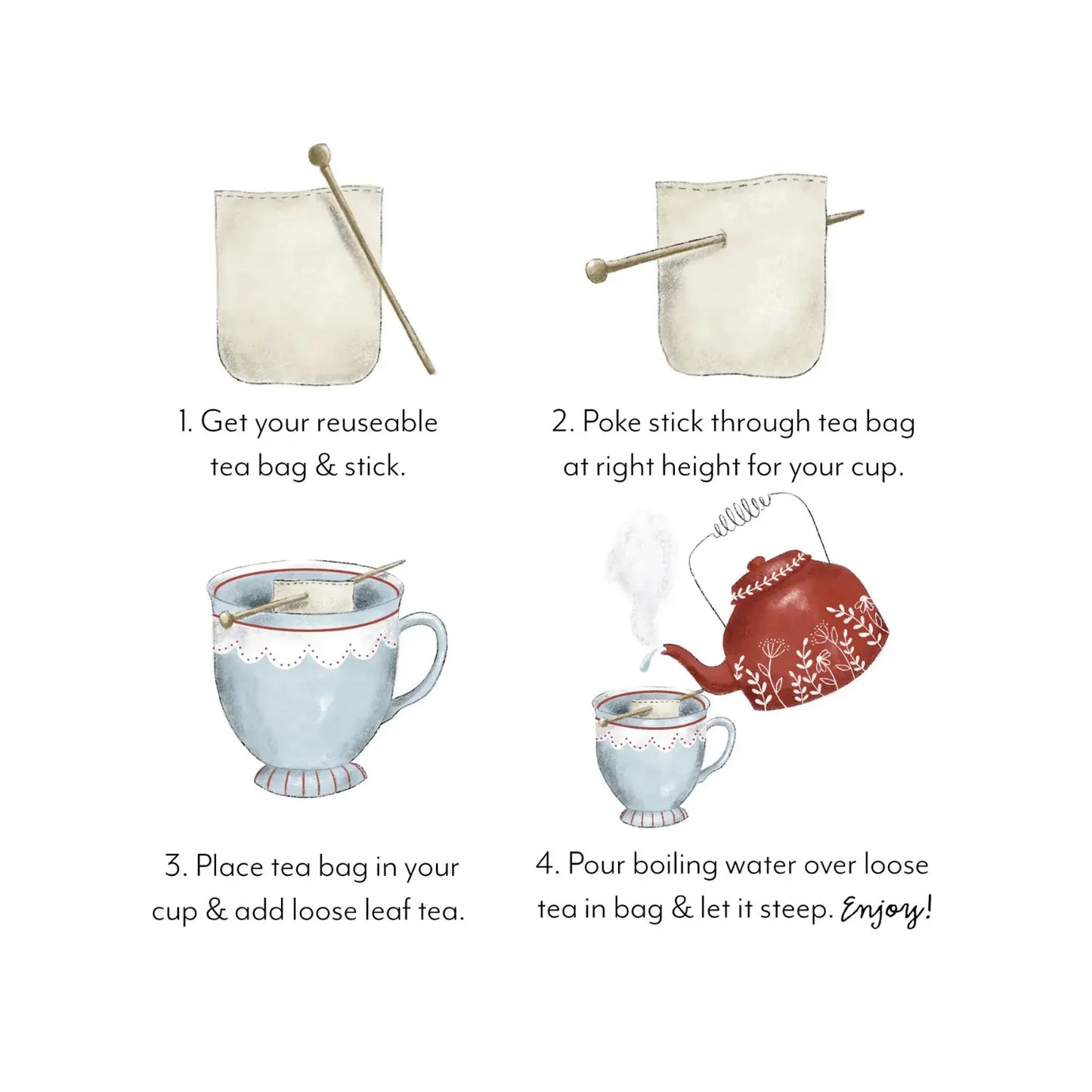 Instructional graphic showing four steps for using a reusable tea bag and stick