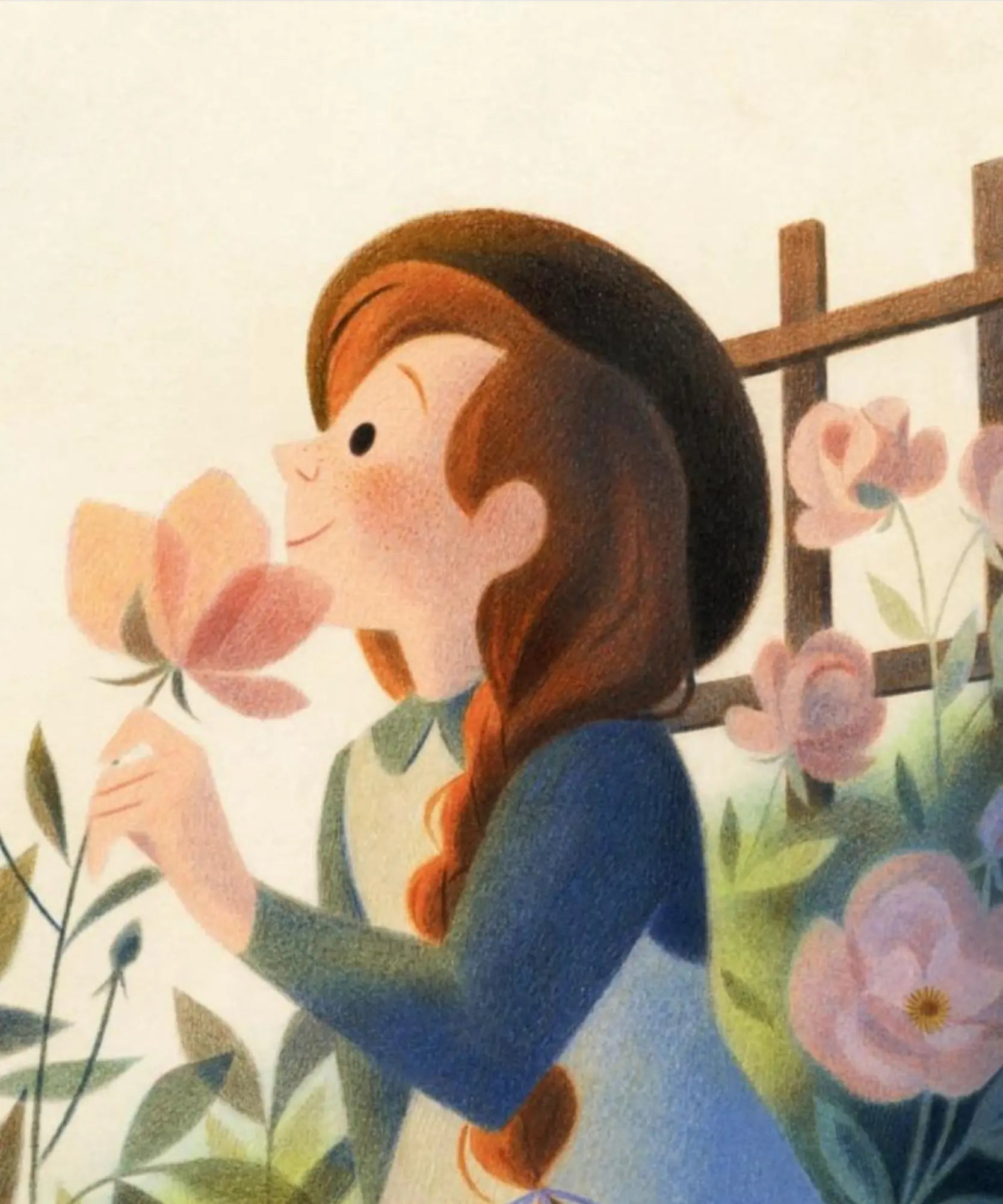 Anne Shirley smelling a flower in a garden illustration from If I Couldn't Be Anne picture book