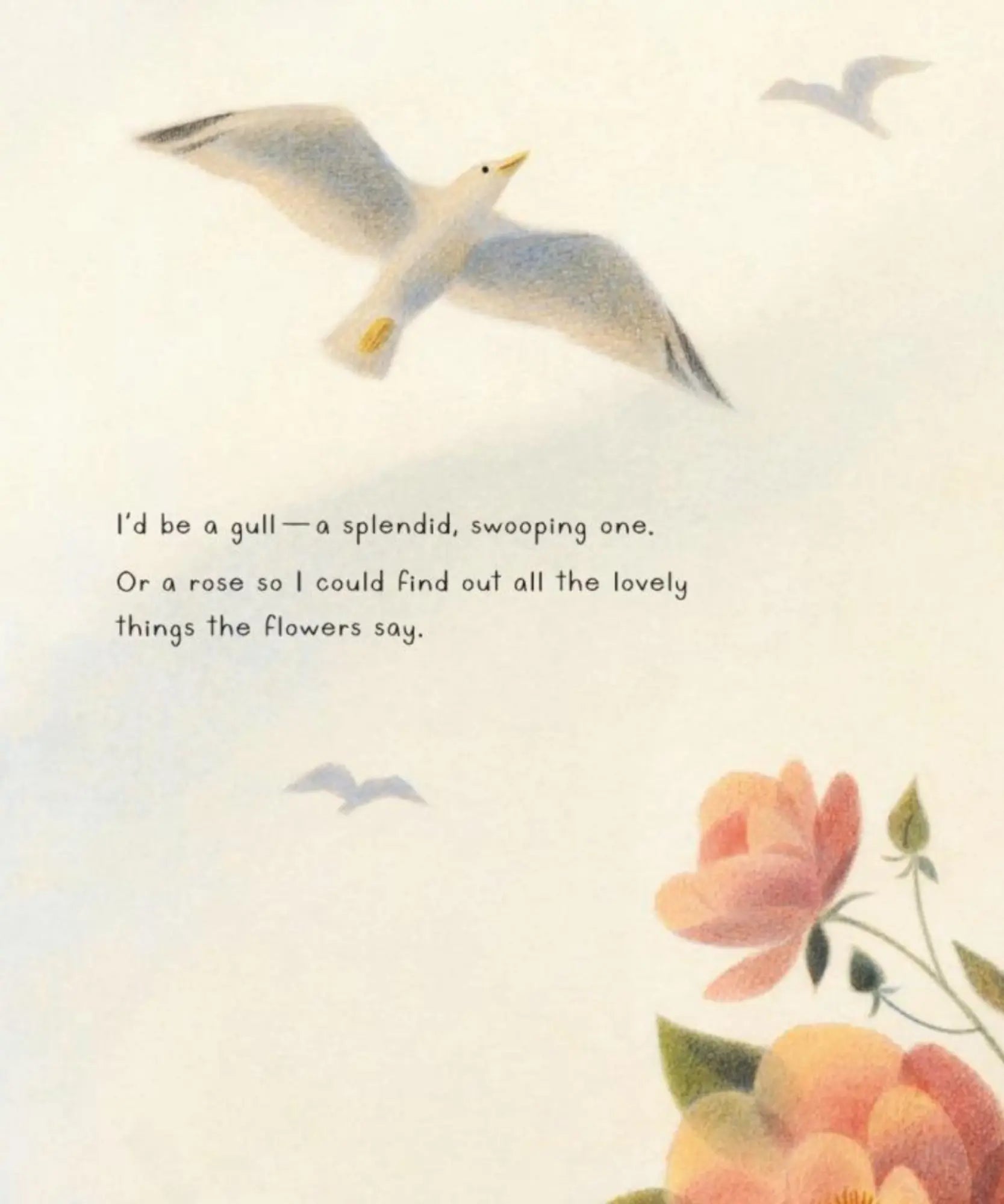 Seagull flying above flowers with poetic text from If I Couldn't Be Anne picture book 