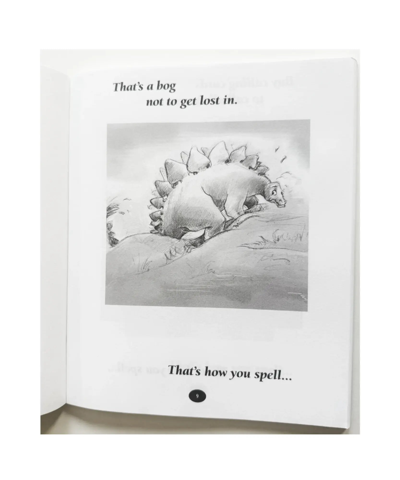 Illustration geography riddle book of a dinosaur in a book with text about not getting lost.