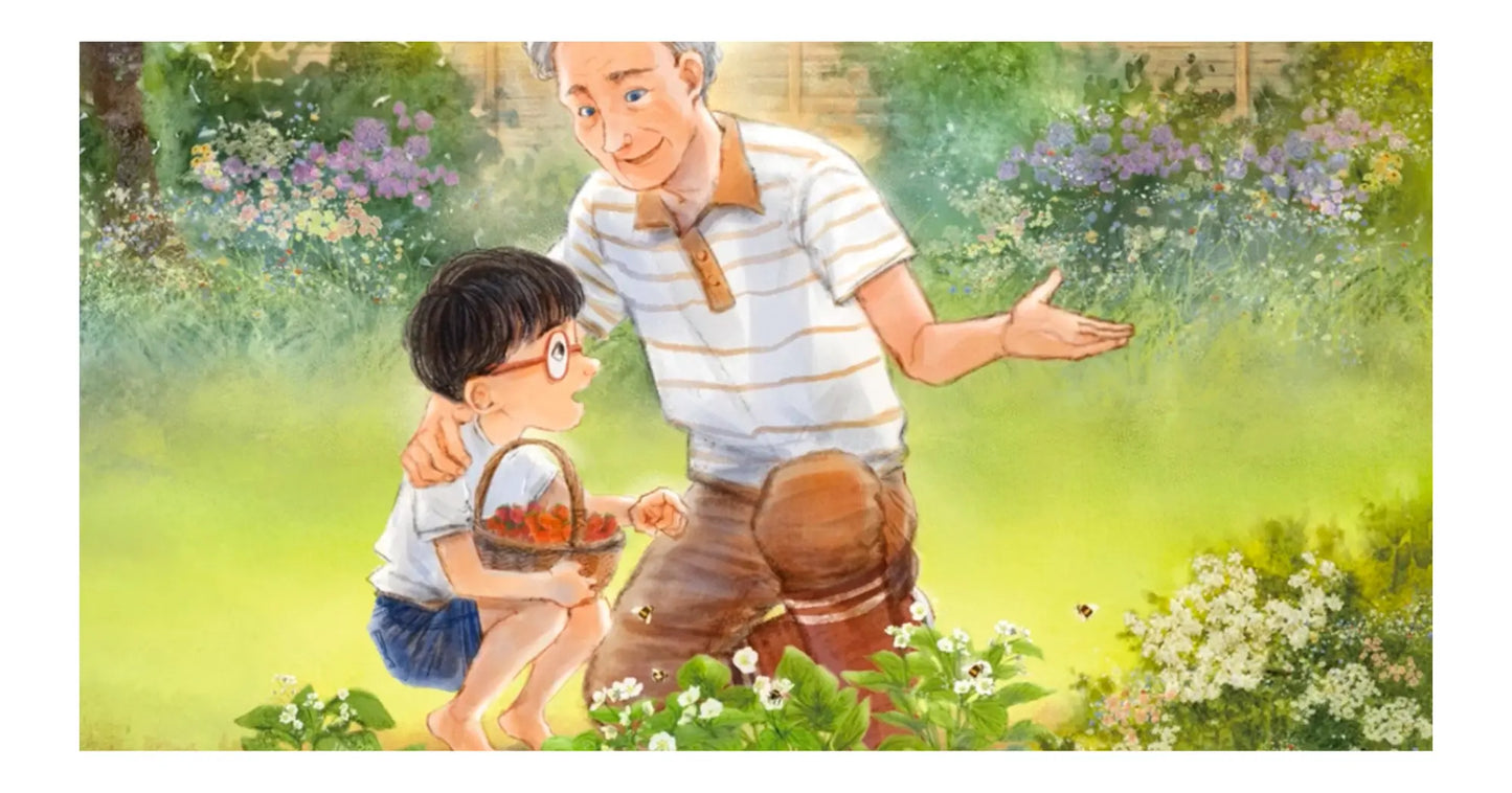 Illustration from The Bumblebee Garden of a boy, his grandfather, bees, and flowers