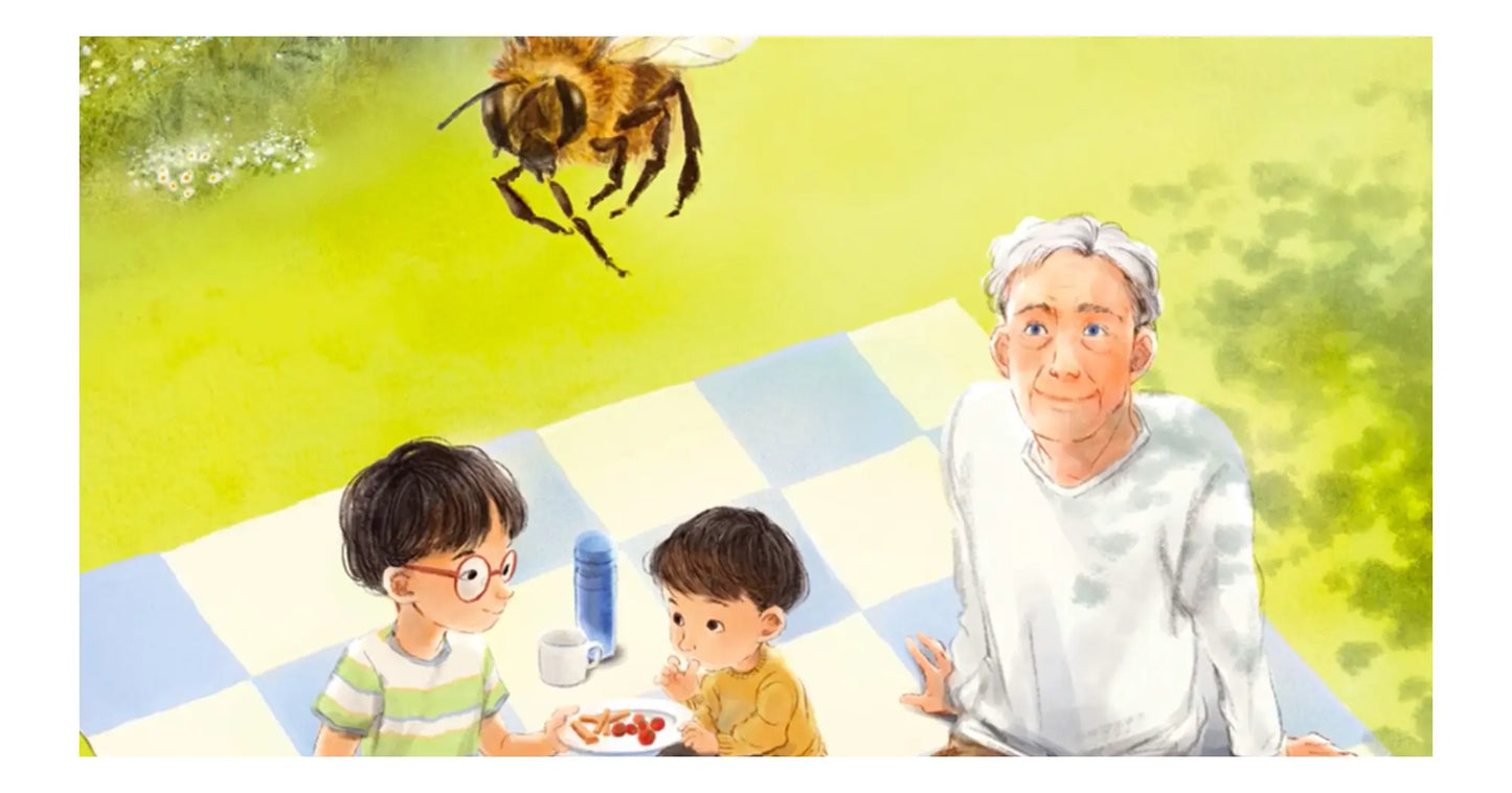 An illustration from The Bumblebee Garden of a bee, children, and a grandfather on a picnic blanket