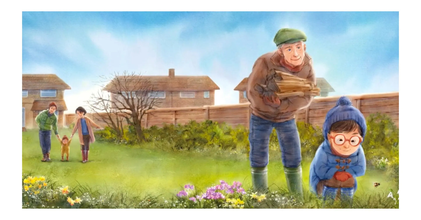 Illustration from The Bumblebee Garden of a child and a grandfather looking at a bumblebee
