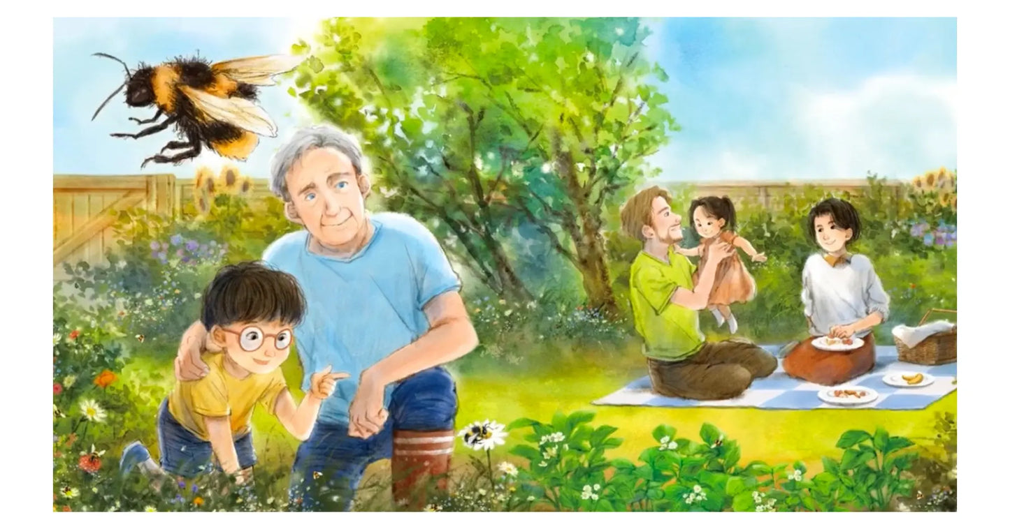 An illustration from The Bumblebee Garden of a family picnic scene with a bee and a garden