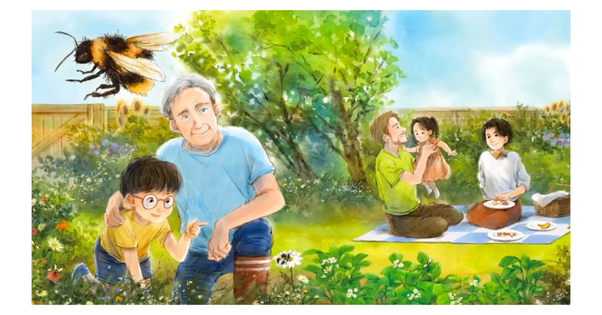 An illustration from The Bumblebee Garden of a family picnic scene with a bee and a garden