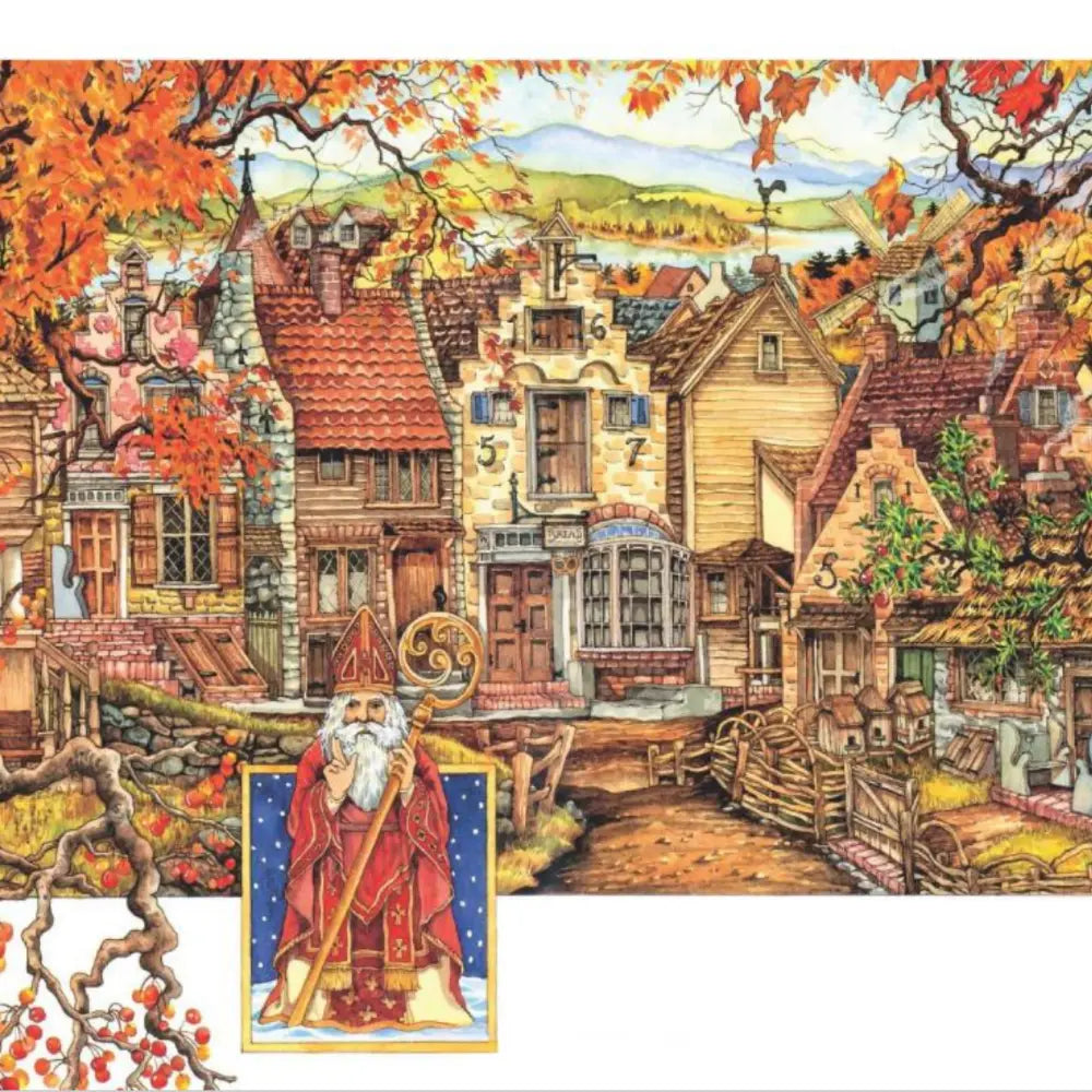 Colorful illustration of a village scene with autumn trees and Saint Nicholas. 