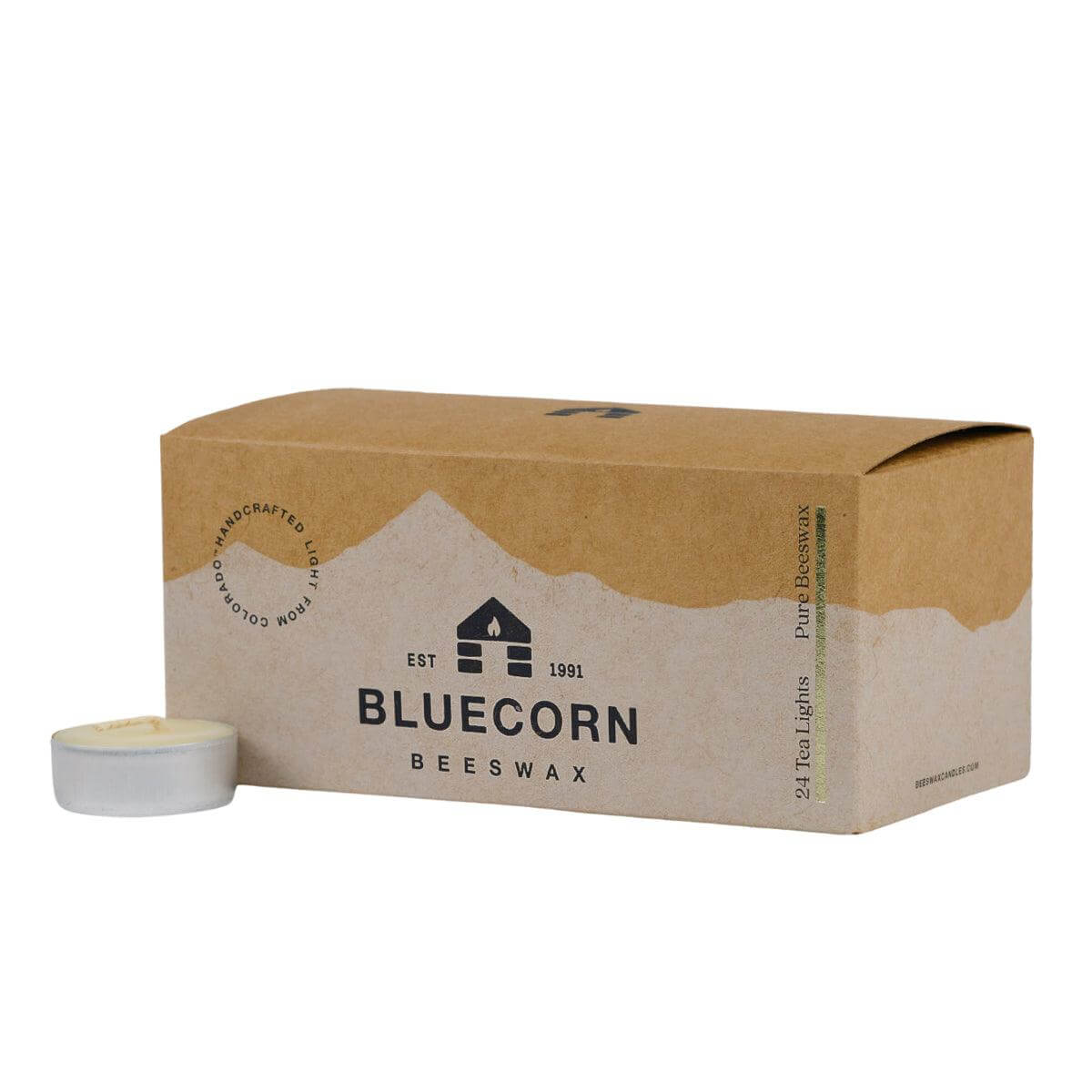 Box of Bluecorn Beeswax candles on a white background