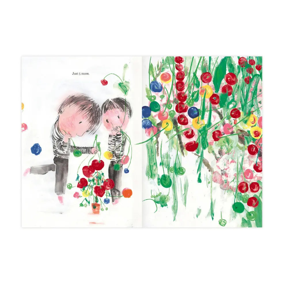 Illustration of two children holding 5 cherries with colorful watercolor art around them